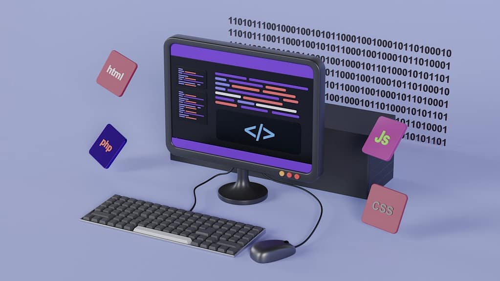 Ilustrasi 3D komputer dengan ikon HTML, JavaScript, dan CSS melayang di sekitarnya, menggambarkan ekosistem teknologi web modern