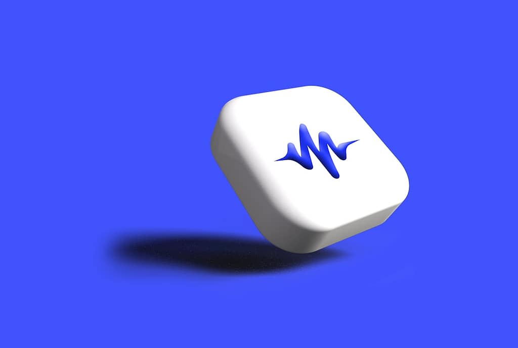 Ikon gelombang suara AI voice generator di latar belakang biru